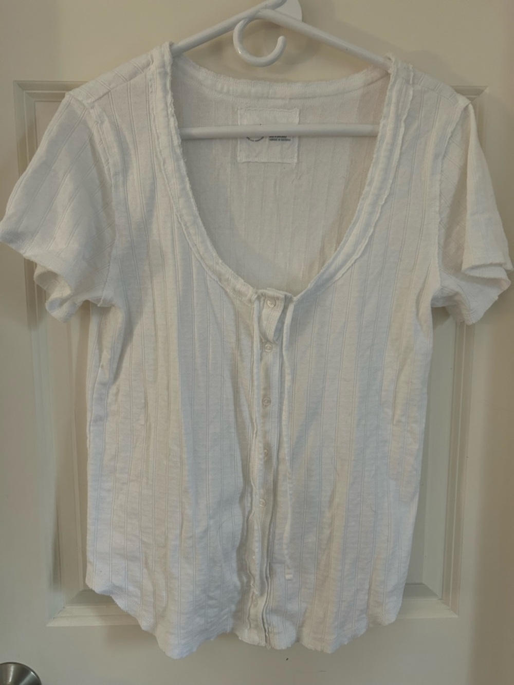 aerie White Ribbed Scoop Neck Button-Down Top